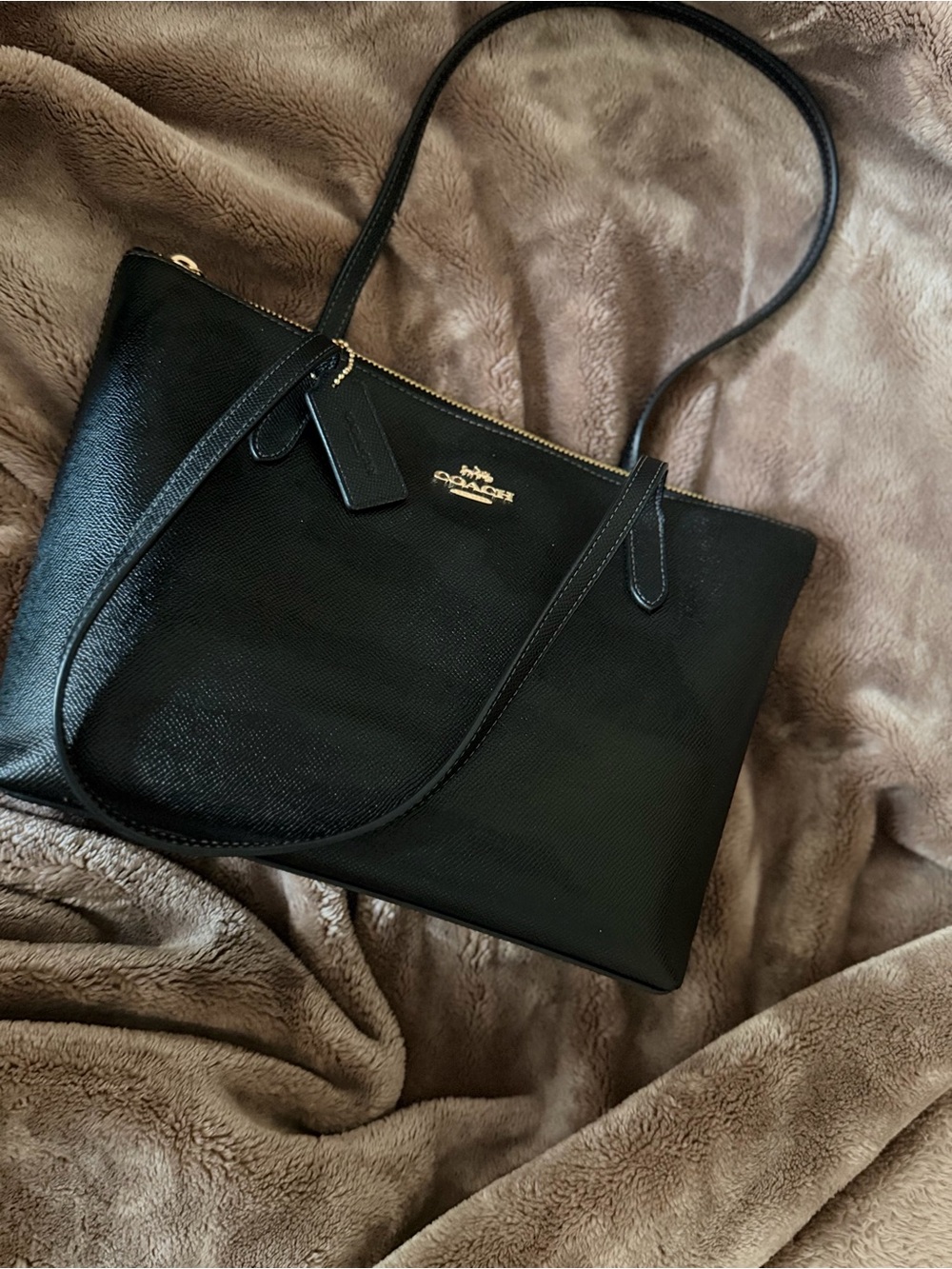Coach Black Leather Tote with Gold Hardware